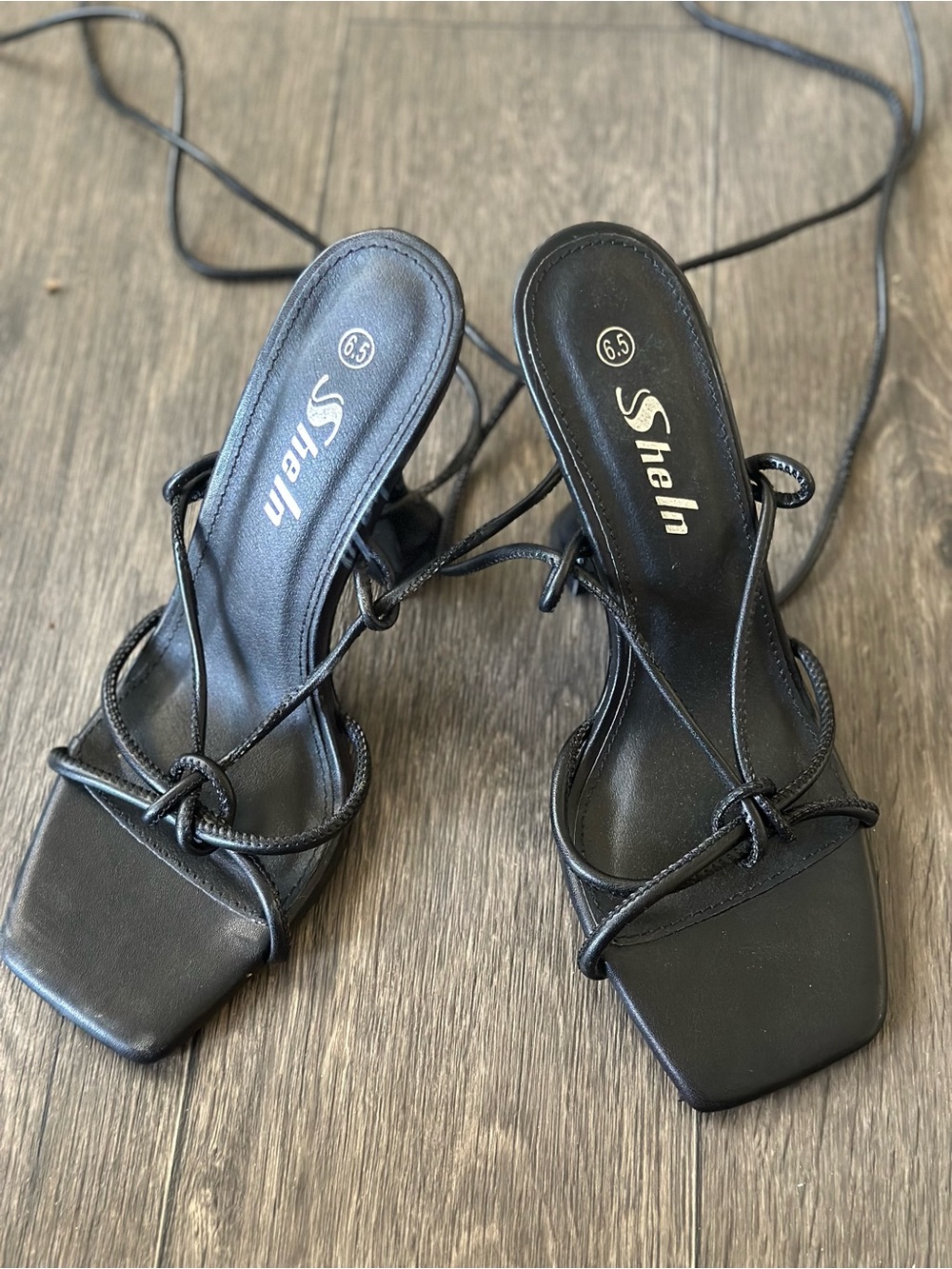 SHEIN Black Strappy Square-Toe Lace-Up Heels